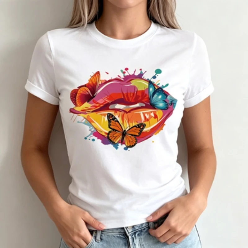 Modal Crew Neck T‑Shirt Colorful Lips With Butterflies Splash Art Graphic Print Abstract Art Casual Short Sleeve Ladies Tee