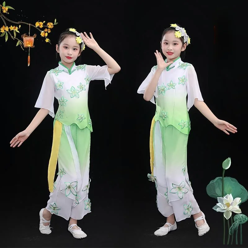 

Зеленый классический костюм для танца с веерами, детский сценический наряд для девочек, для танца с цветами жасмина, для номера «Песня урожая риса»