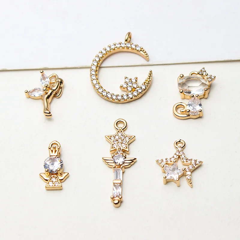 1pcs Copper Rhinestones Moon Star Fairy Stick Angel Cat Pendant Diy Necklace Pendant Accessories Material Handmade Charms