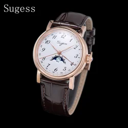Sugess Men Watches Tianjin ST2108 Automatic Movement Wristwatch Date Hands Sapphire Crystal Luxury Waterproof Luminous Moonphase