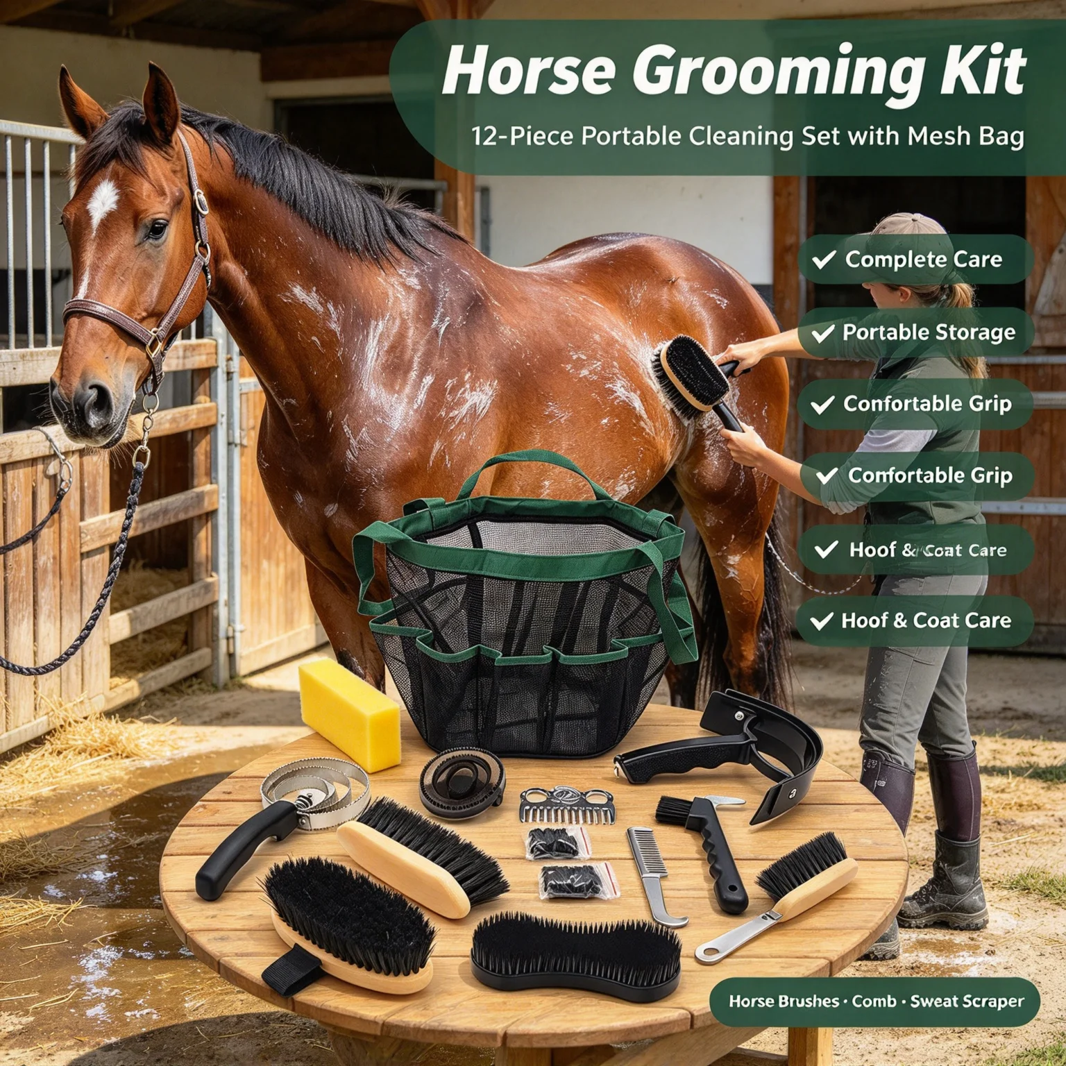 12Pcs Horse Grooming Kit with Portable Mesh Storage Bag Equine Care Brush Set Curry Comb Hoof Pick Sweat Scraper Mane