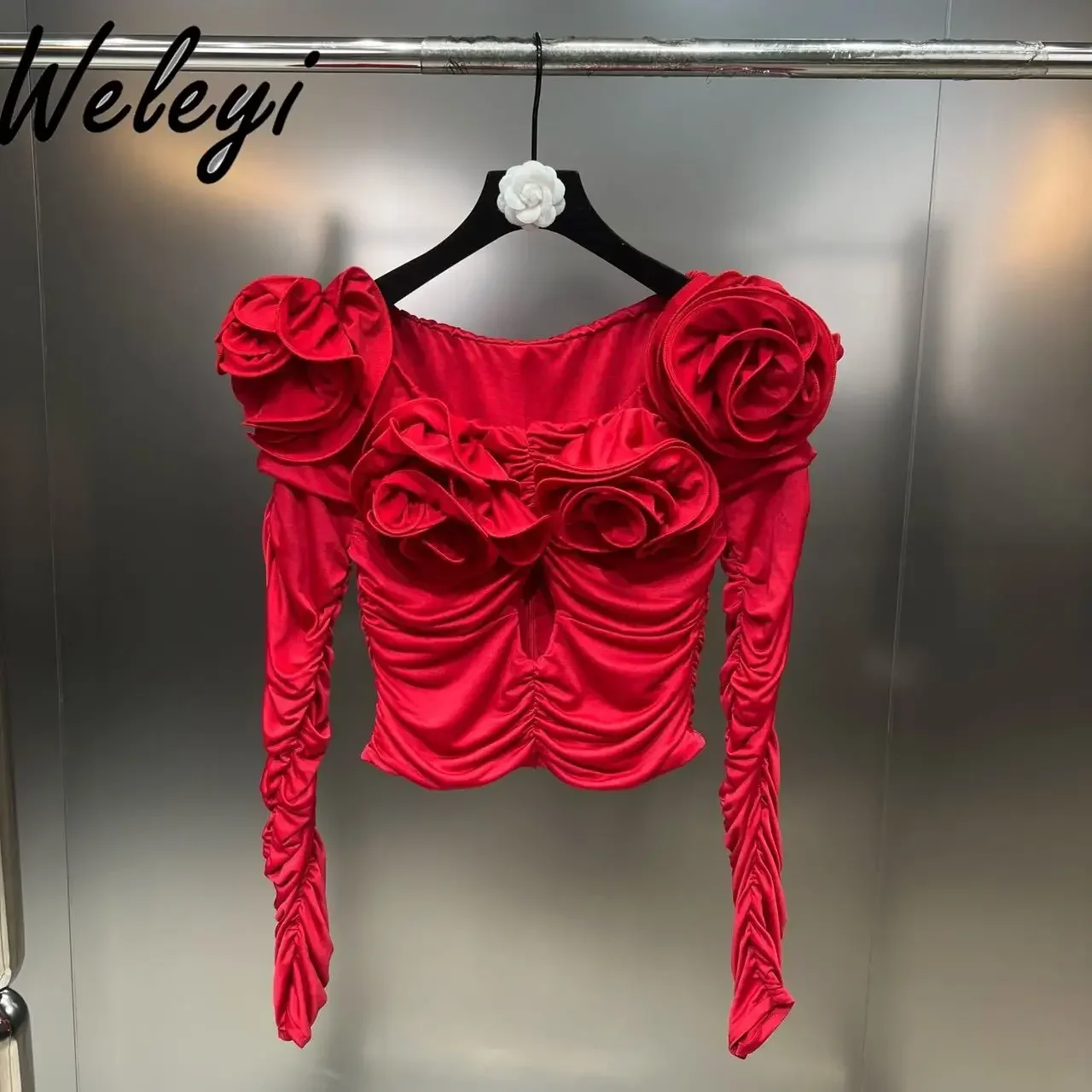 

Sexy Three-dimensional Flower Pleated Red Top European and American Elastic Long Sleeve Inlaid Flower Waist Thin Short T-shirt