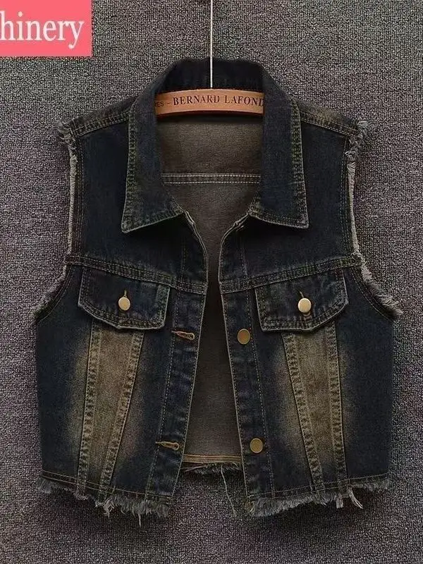 Retro 2026 Design Frayed Short Denim Vest Loose New Style Sleeveless Shoulder Pad Vest Jacket Top for Women Breathable  C...