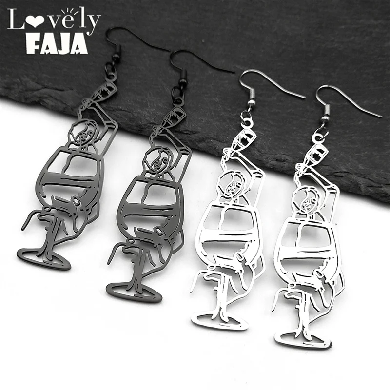 

Creative Hollow Wine Glass Drop Earrings For Women Men Stainless Steel Black Silver Color Drinking Lady Goblet Jewelry Gift