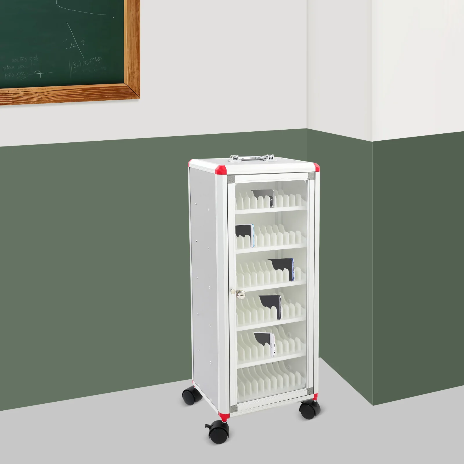 

72 Slots 27*20.5*66cm Phone Storage Cabinet Silver Rectangular Cell Phone Locker with Clear Door Handle