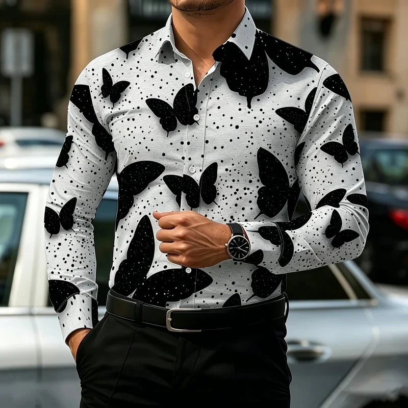 Men's Long-Sleeved Shirt with butterfly Polka Dot Print, Slim Fit, Turn-Down Collar, Trendy Casual Shirt, Versatile Men's Top