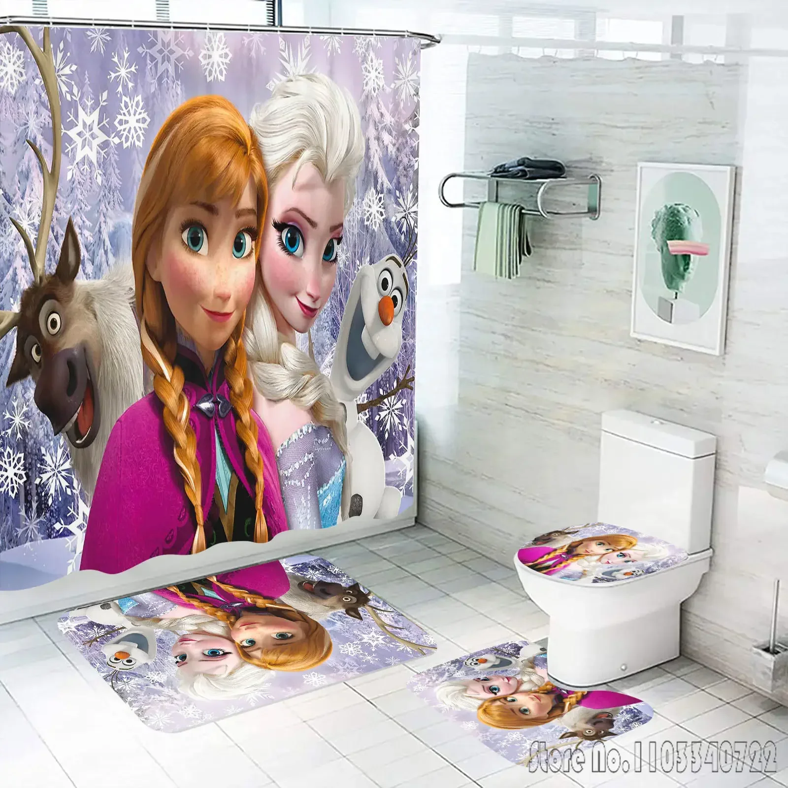 Frozen Princess Elsa Shower Curtain Bathroom Accessories 4 Piece Set Mats And 100% Polyester Decor Cute Funny