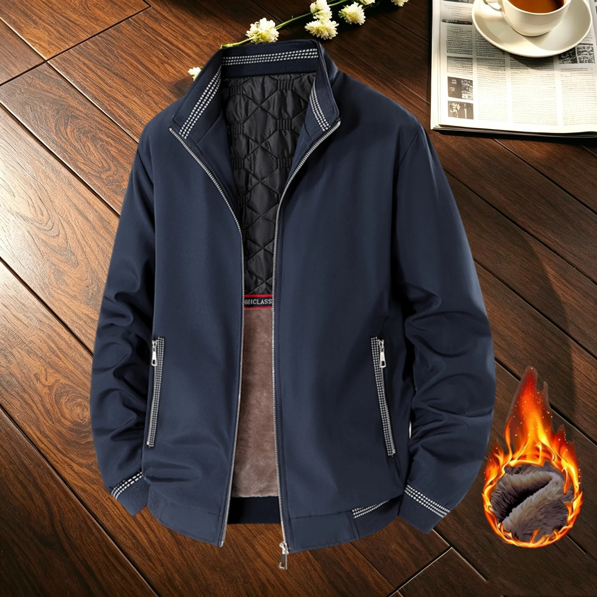 Men‘s Fleece Lined Stand Collar Jacket Quilted Padded Warm Zip‑Up Coat Contrast Trim Zipper Pockets Winter Male Outerwear