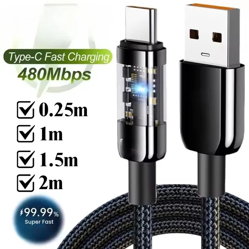 Type C Phone Fast Charge Data Cable USB PD Nylon Braided LED Lighting Quick Charge 3.0 Data Cord For Samsung Xiaomi Oneplus
