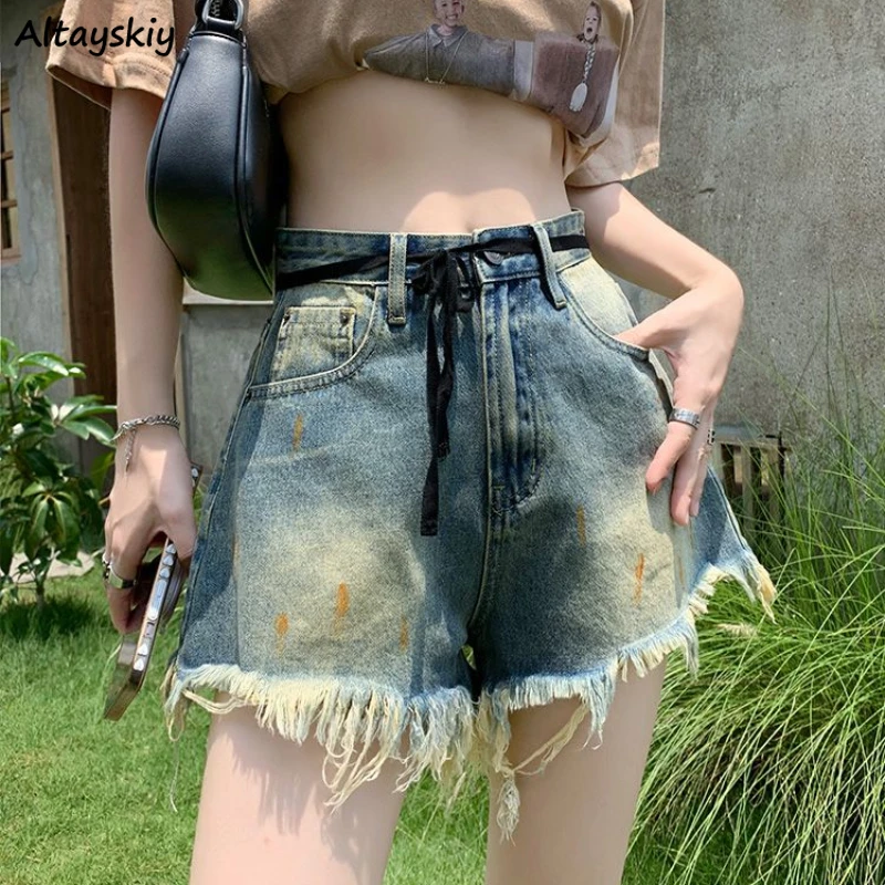 

Jeans Women Vintage Short High Waist Fur-line Hotties Fashion All-match Bleached Retro Wide Leg Streetwear Sweet Girls Korean