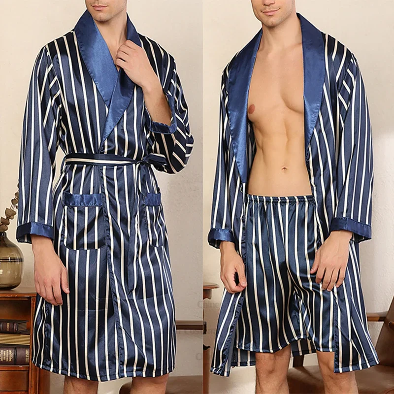 Plus Size 3Xl 4Xl 5Xl Robe Men Silk Stain Nightwear Pajamas Outfit Blue Kimono Bathrobe Suit Print Peignoir Pant Shorts Set
