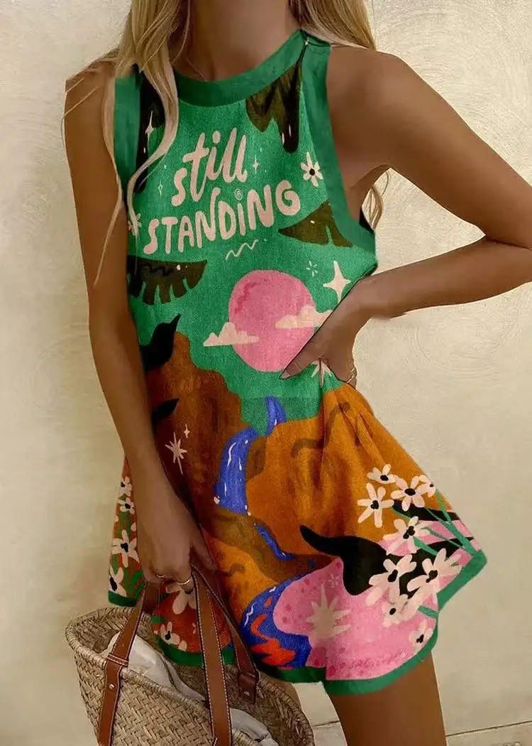 Wakacje Casual Party Odzież damska Śliczny nadruk w kształcie układanki Odzież letnia Bez rękawów Okrągły dekolt Sukienka plażowa Odzież damska Wysoka jakość