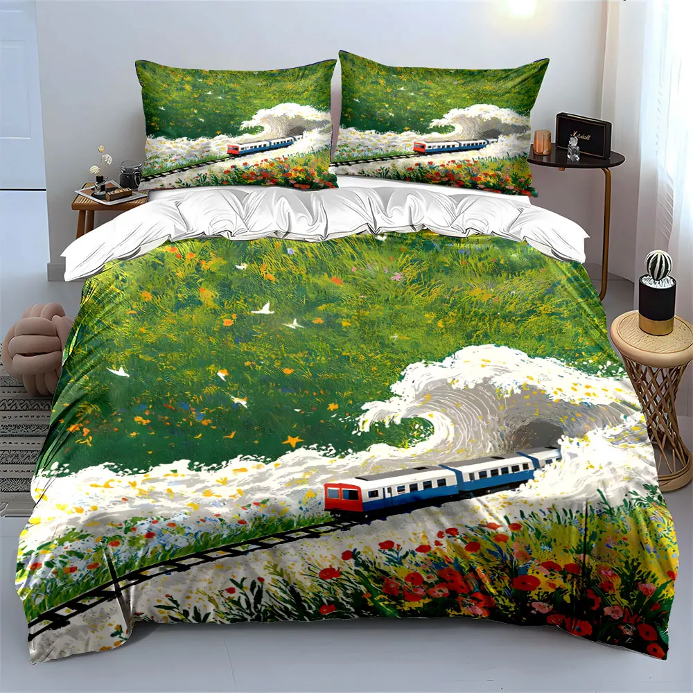 Train Journey Decorative Set. Bedding Set with 1 Duvet Cover 2 Pillowcases Single Double King Queen, Gift