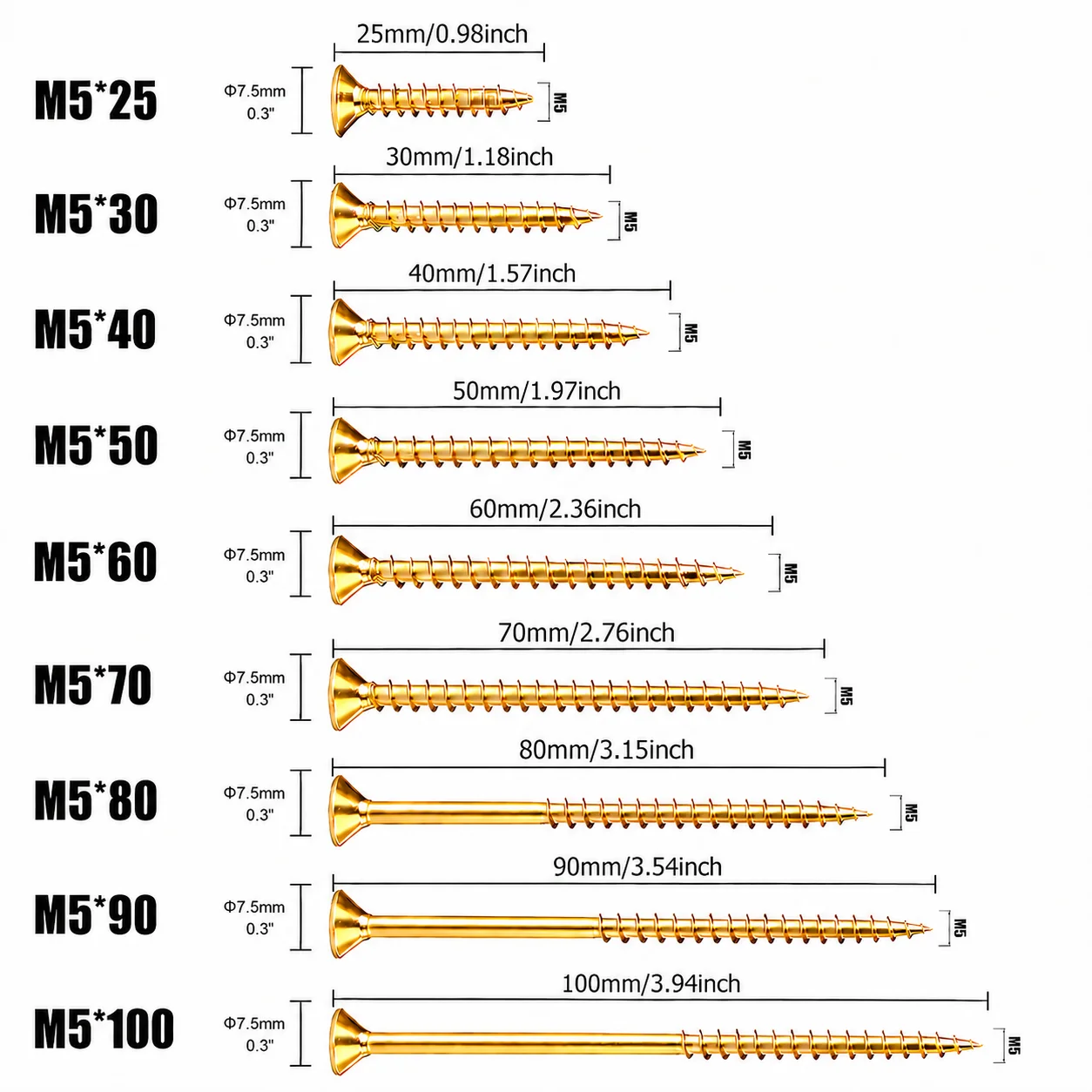 100Pcs M5 Countersunk Flat Head Cross Self Tapping Screws,Yellow Zinc Plated Carbon Steel For Wood 9 Sizes 25 to 100mm,Screws