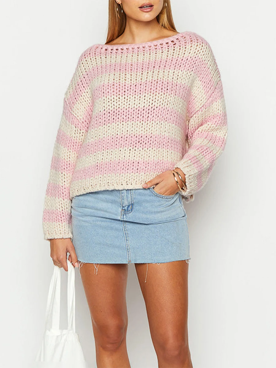 Women s Spring Autumn Knit Sweaters Pink Long Sleeve O Neck Stripe Print Knitwear