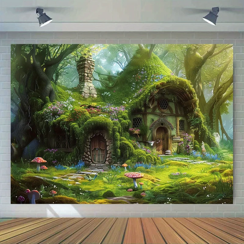 1 Stück, 2D flacher Fantasy-Wald-Hintergrund mit Märchenhaus-Design – langlebige Wanddekoration, Geburtstagsparty, Fotohintergrund
