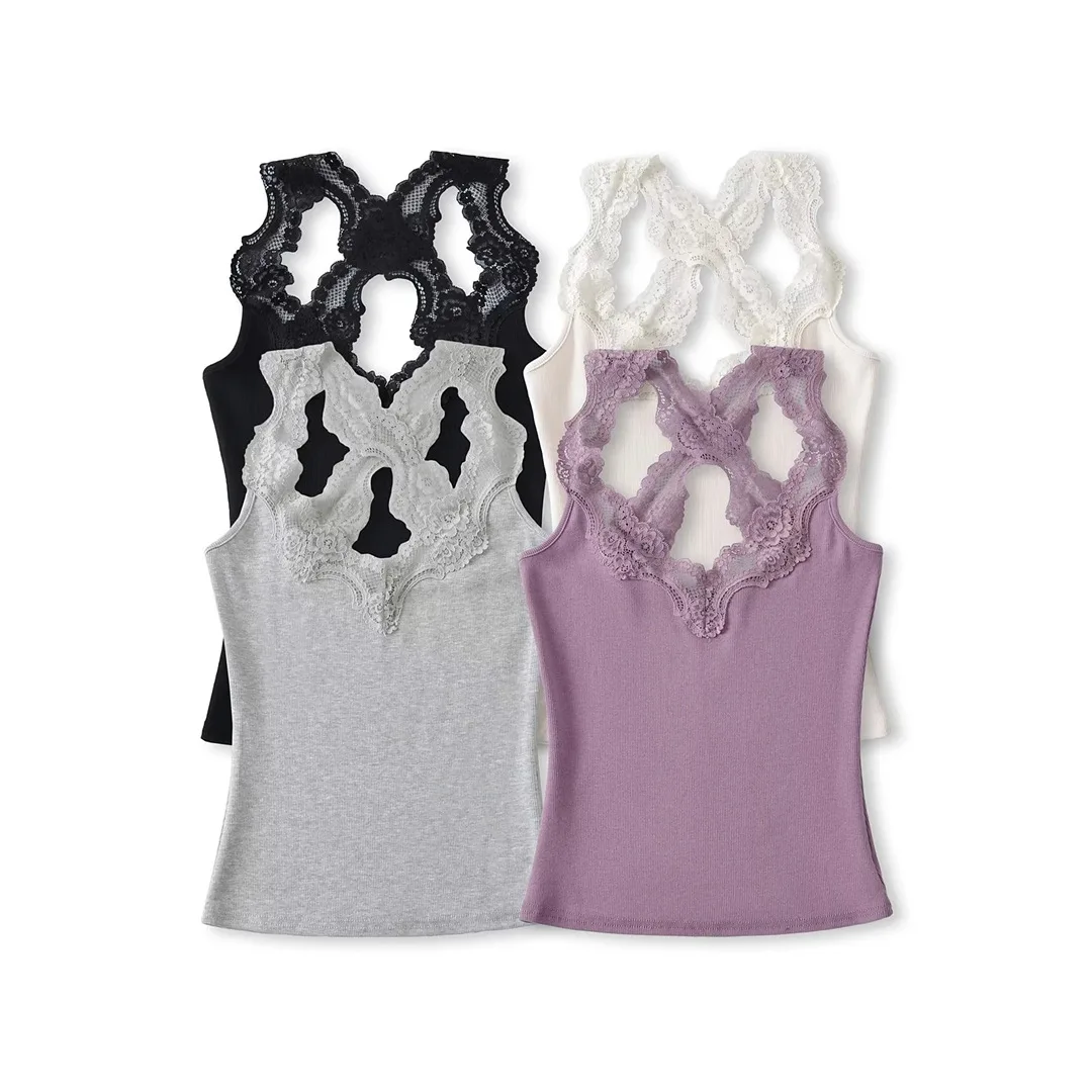 Damska kamizelka bez rękawów z krzyżową koronką i prążkowaną kamizelką