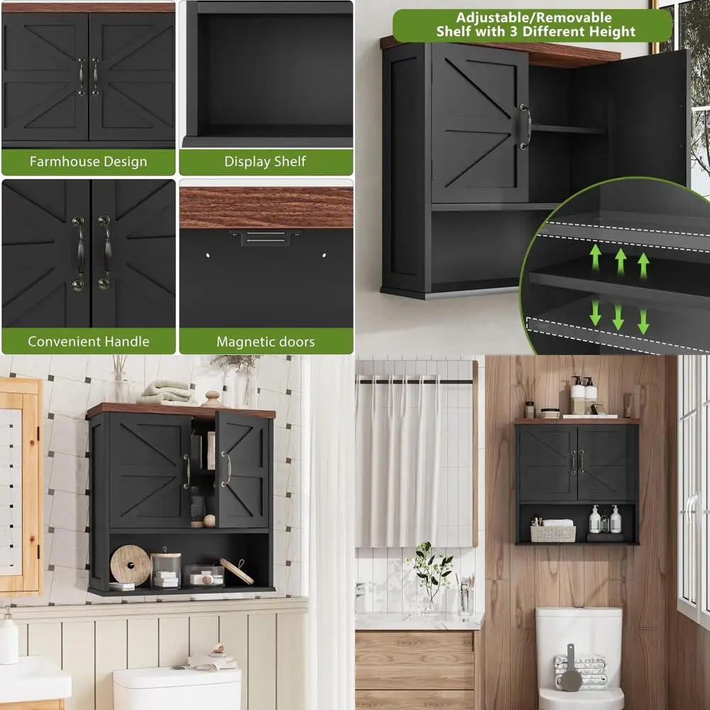 

Farmhouse Barn Door Wall Cabinet, Adjustable Shelf, 23.6 x 7.9 x 23.9, Wall-Mounted Bathroom Storage