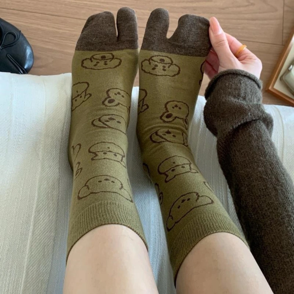 2026 New Women's Toe Socks Autumn and Winter Cartoon Puppy Medium Tube Socks Women Japanese Striped Polka Dot Two Toes Socks Sox