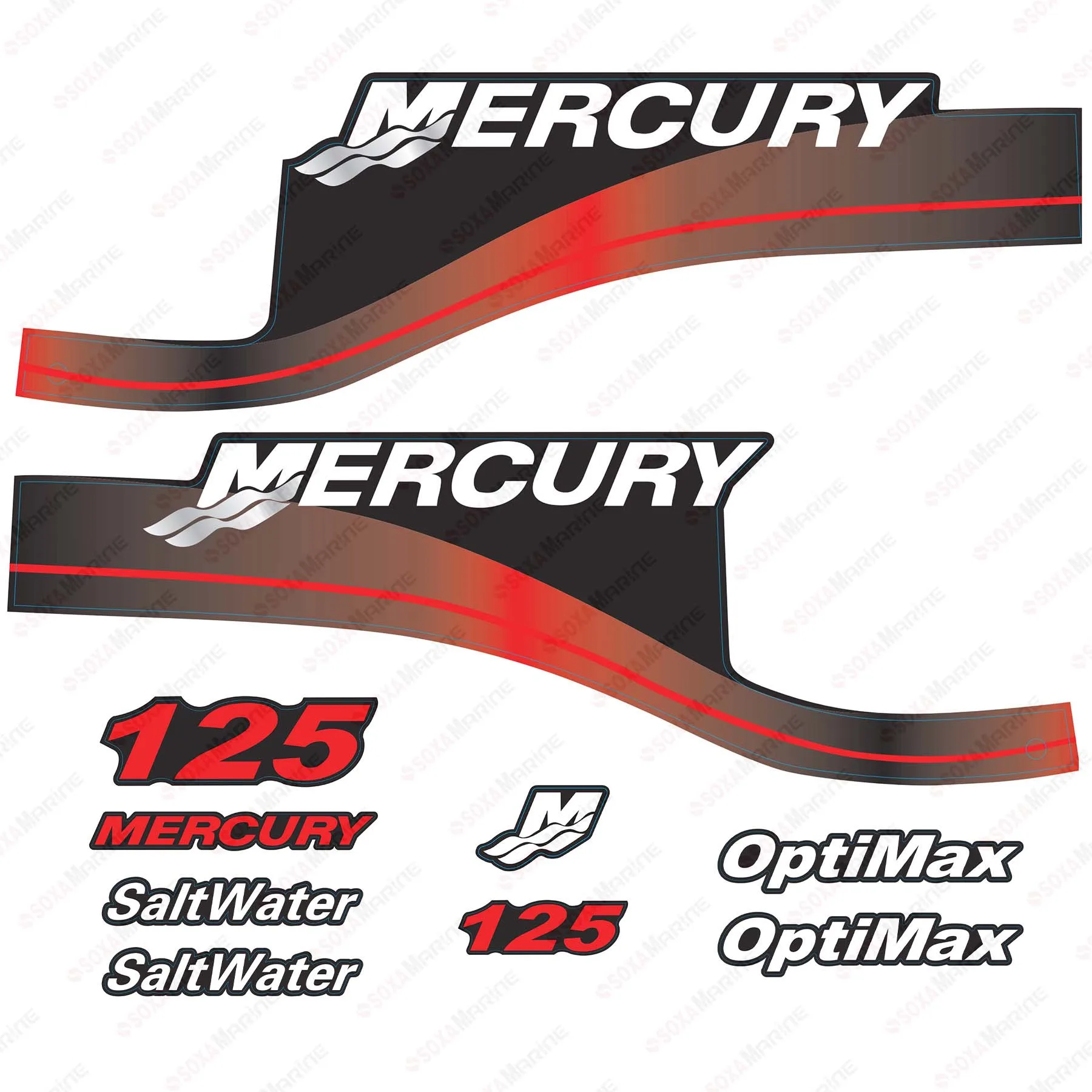 Red Decal Kit Sticker Set for Mercury 125 hp OptiMax SaltWater Outboard Engine Reproduction 125HP SaltWater OptiMax