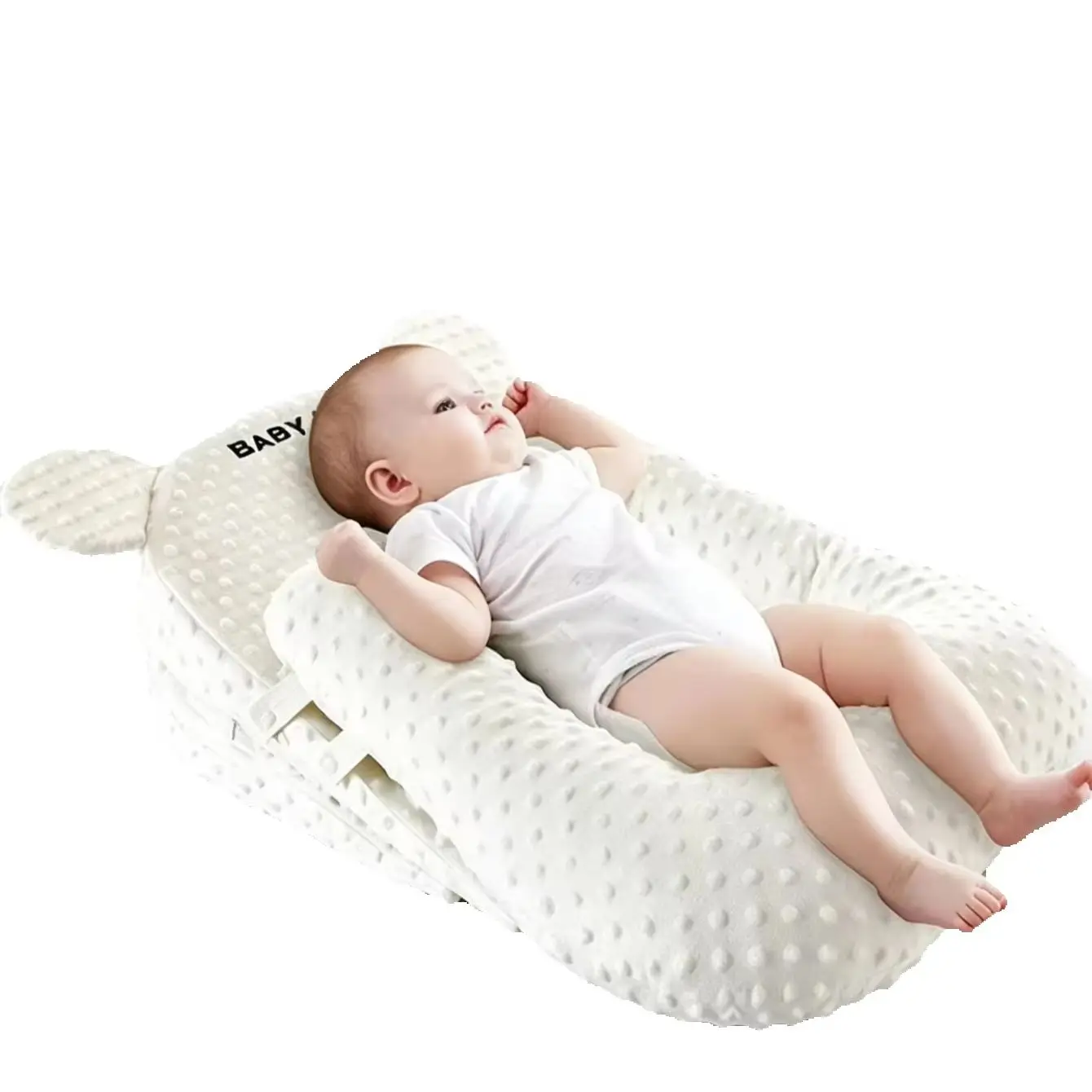 Portable Infant Lounger with Deer Horn Design, Adjustable Angle Anti-Reflux Baby Nest, Soft Bubble Minky Newborn Slope Pillow to
