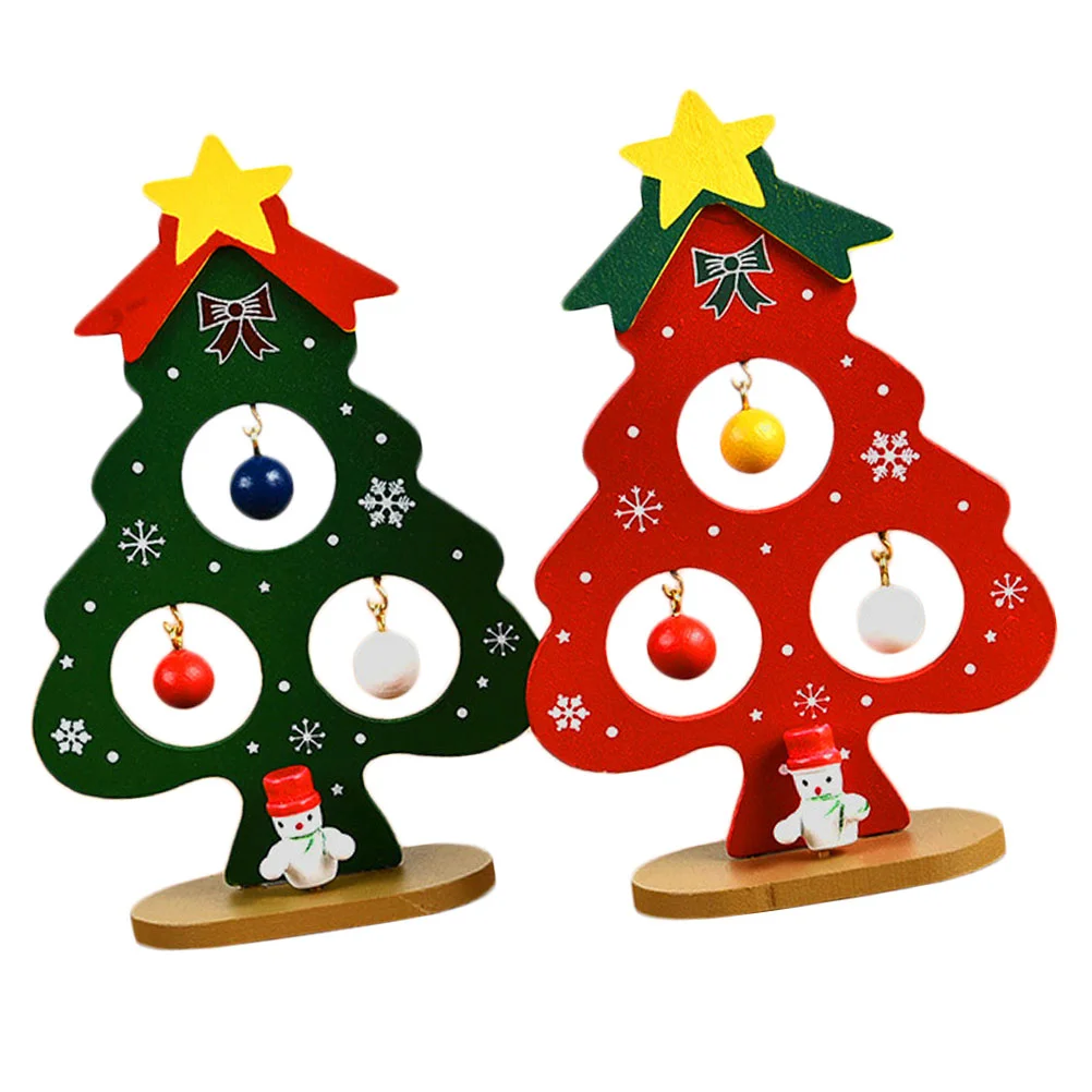 2 Pcs Christmas Tree Ornaments Toys Desk Decoration Desktop Mini Xmas Decorative Table Stand Creative Wooden Child