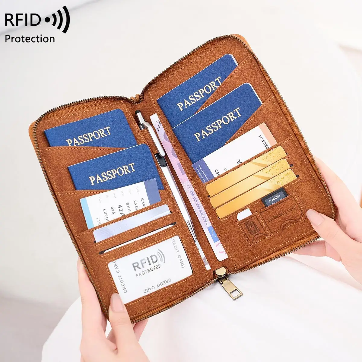 RFID Blocking Family Passport Holder 5 Pocket Travel Organizer Zipper Wallet Cards Pass Detachable Wristlet Purse Women Gift