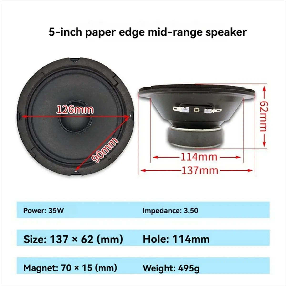 T19C 5inch Speaker 35W 3.5Ω Midrange Audio Speaker Sound Speaker Unit HiFi Music Stereo Midrange Loudspeaker