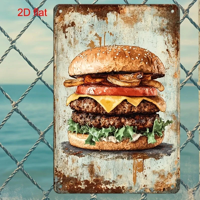 Vintage Burger Metal Wall Decor – Retro Burger Tin Sign, Suitable for Kitchen, Restaurant, or Bar Decoration, 8x12inch Rustic Food Wall Signs