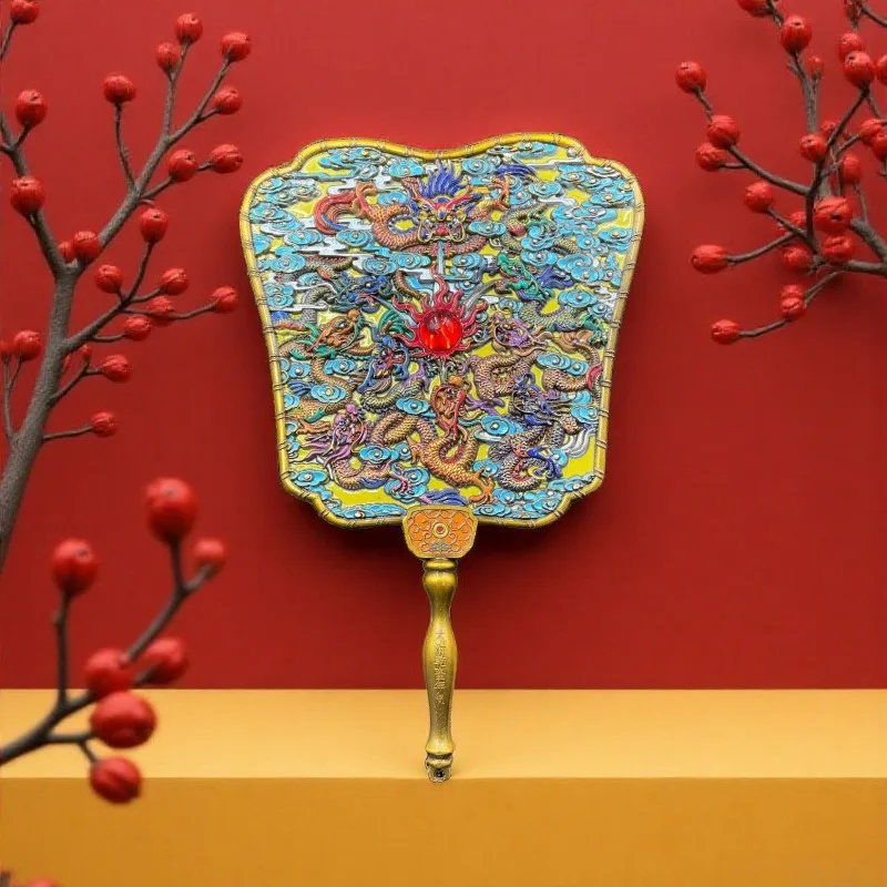 Retro Enamel Square Hand Fan Relief Multi Dragon Design Golden Handle Traditional Oriental Table Display Ornament