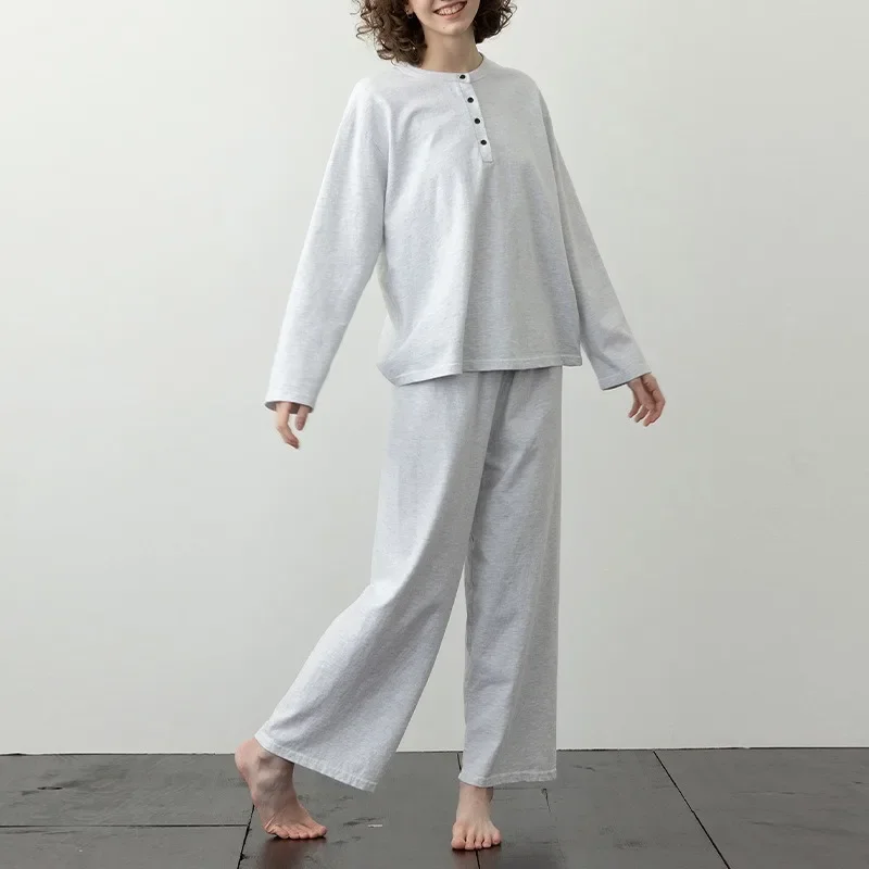 100% Cotton Casual Homewear Suit Women Spring New Simple Solid Color Buttons Long-Sleeved Pajamas Pants Two-Piece Sets