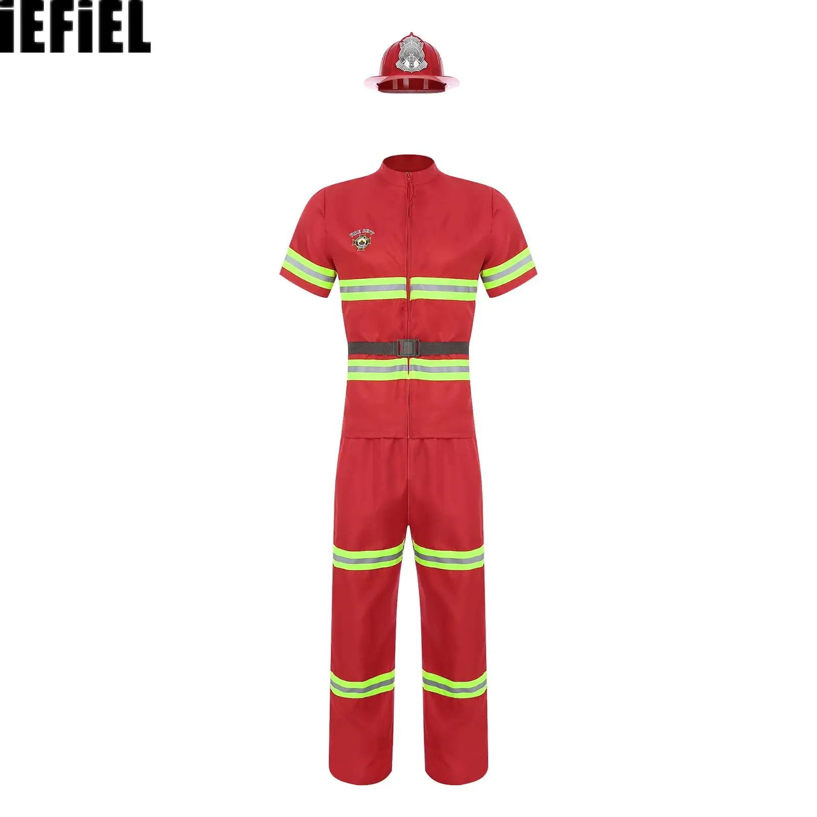 

Mens Firefighter Dress Up Costume 4-piece Suit Plastic Helmet Short Sleeve Jacket Coat Pants And Belt Reflective Stripes Set