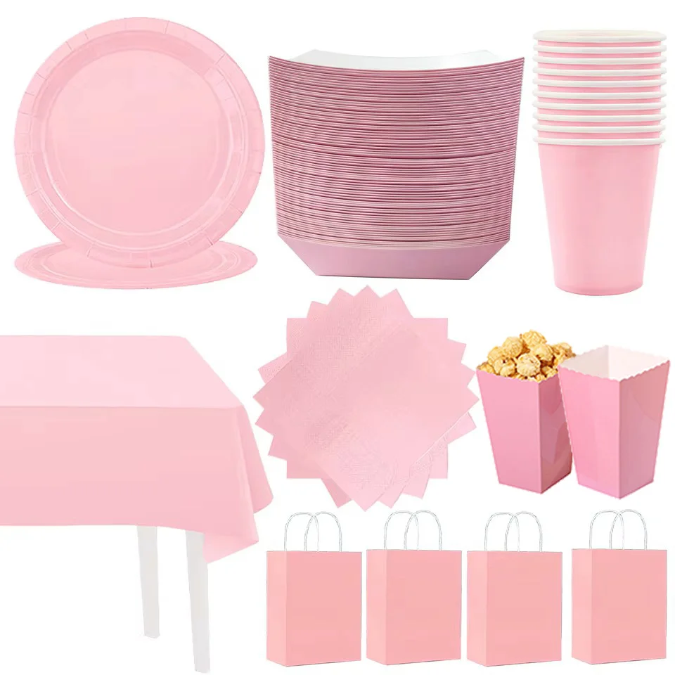 Pratos de papel rosa guardanapos copos toalha de mesa bandeja de comida saco de presente fontes de festa decorações de festa de chá de bebê decorações de aniversário rosa