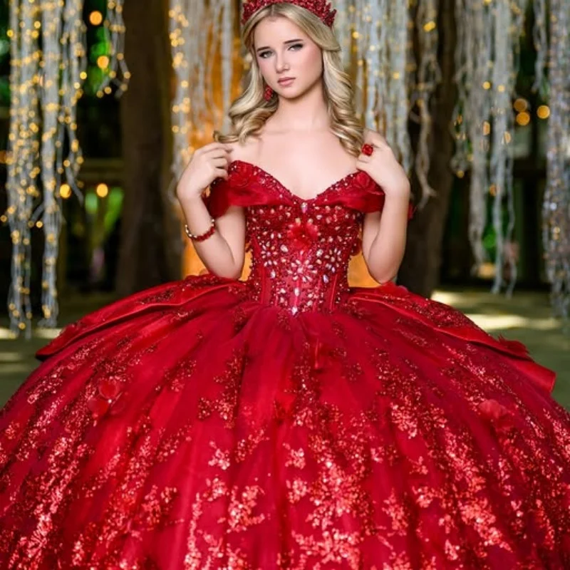 

Блестящее красное платье Quinceanera с открытыми плечами, кружевное блестящее 3D цветочное наклейка с бантом и длинным хвостом, платья de 15, Quinceanera ﻿ Настроить