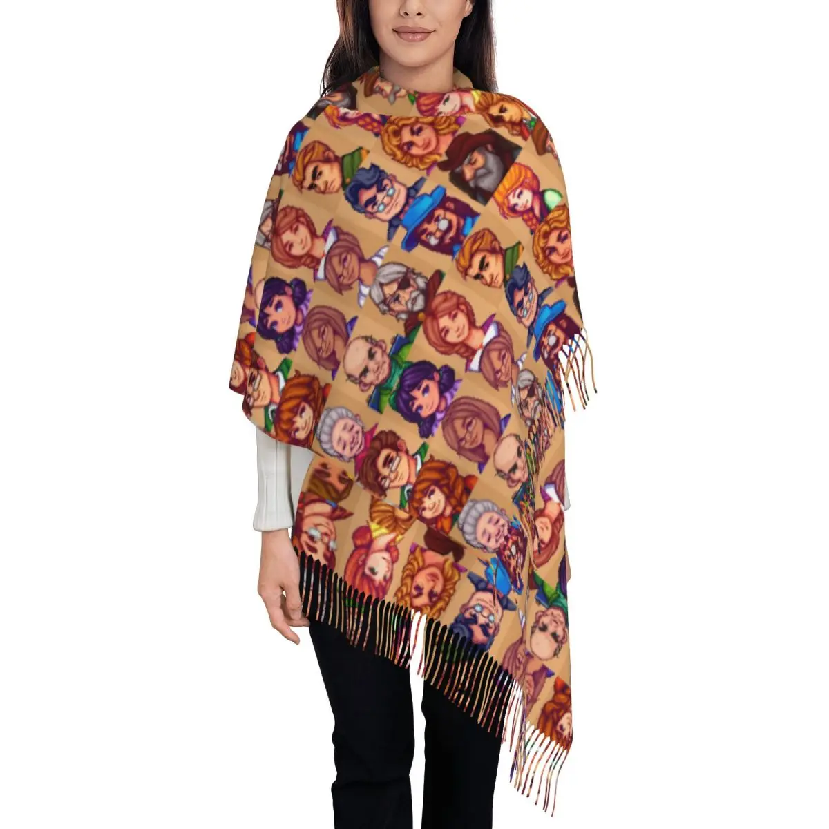 Women's Tassel Scarf Stardew Valley Characters Collage Long Soft Warm Shawl and Wrap Cartoon Anime Gifts Cashmere Scarf