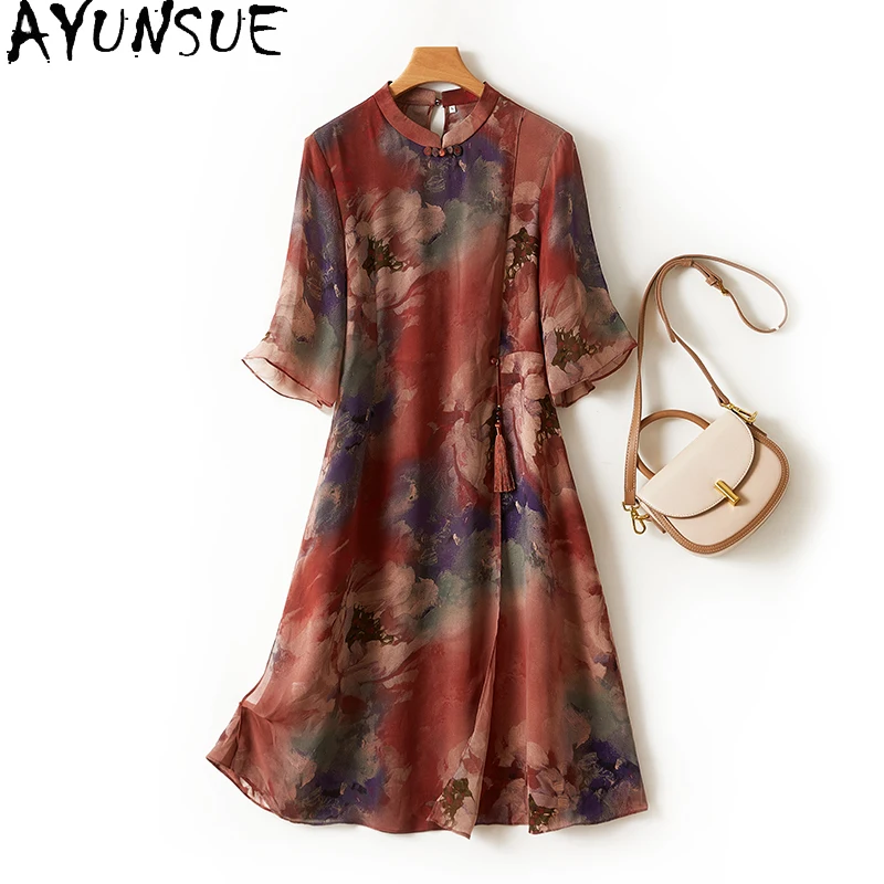 

AYUNSUE 92% Genuine Mulberry Silk Women's Dresses National Style A Line Dress Fashion Womens Clothing Summer 2024 Vestido Mujer