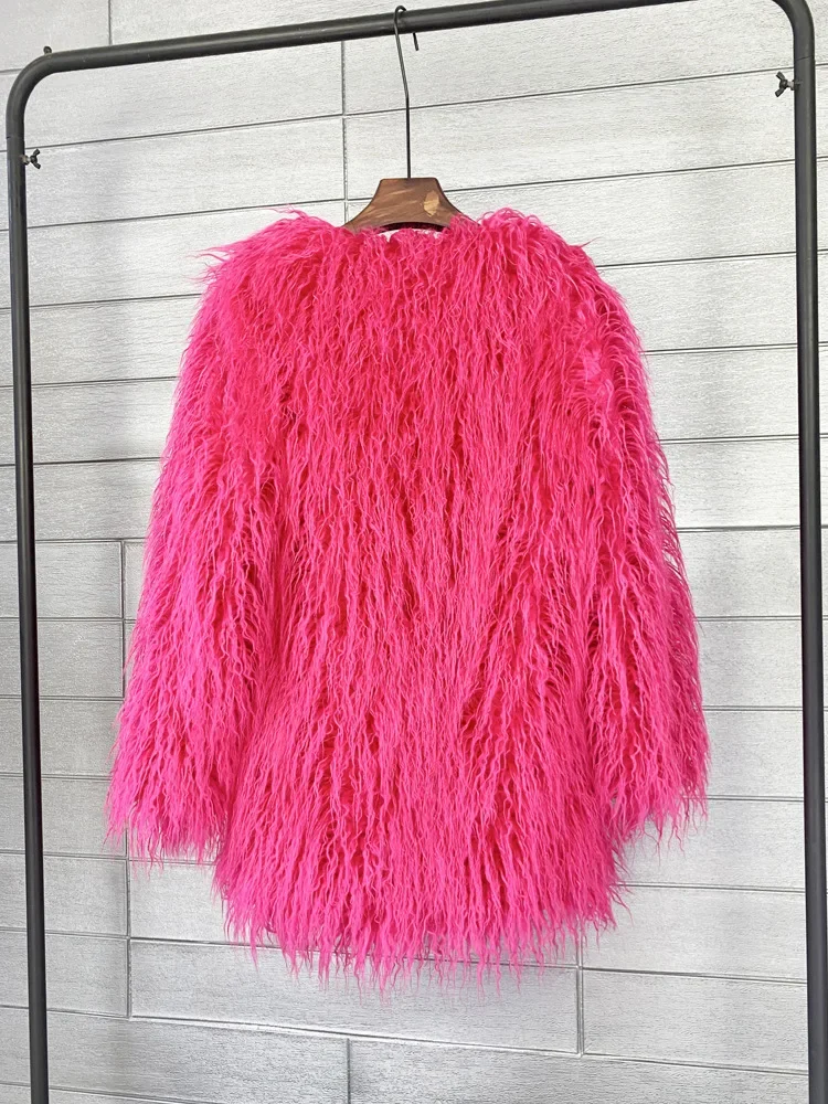 Mongolia Sheep Fur Women Medium Long Coat Jacket Colorful Warm Faux Fur Plush Coats Female Jacket Autumn Winter Furry Outerwear
