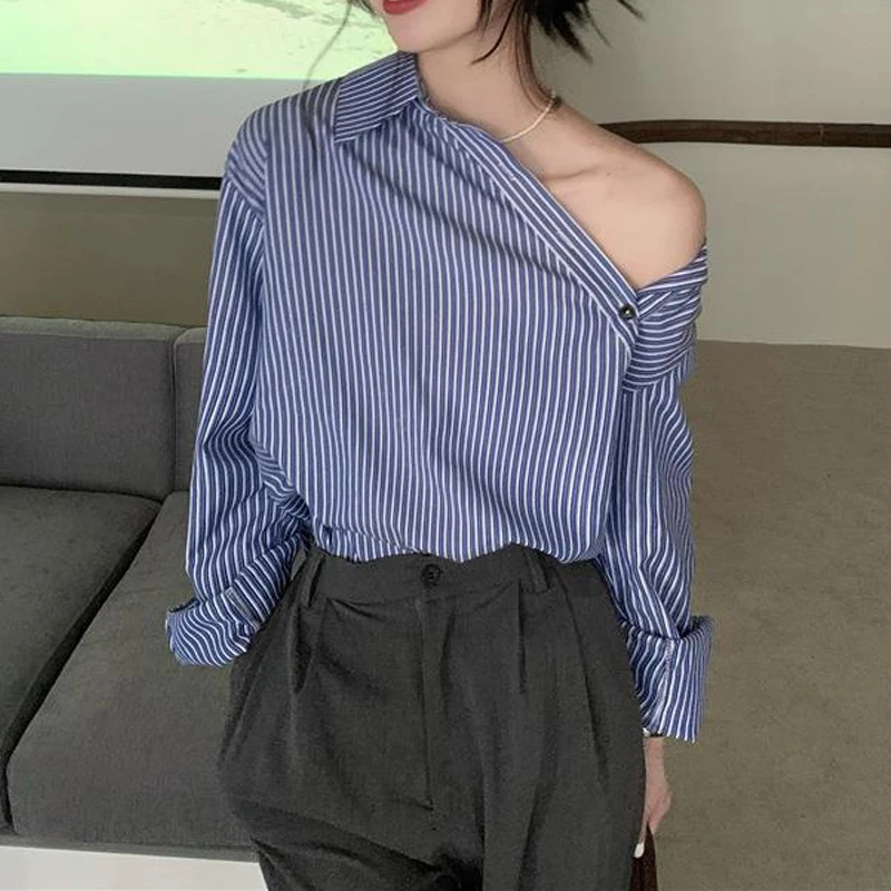 Women Striped Print Asymmetric Design Chic Streetwear Shirts Trendy Korean Style Sexy Off Shoulder Blouses Long Sleeve Loose Top