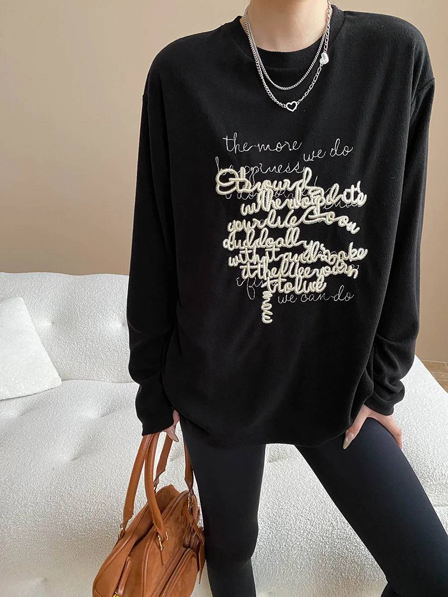 

Autumn and winter women's casual solid color letter embroidery round neck long sleeved loose T-shirt