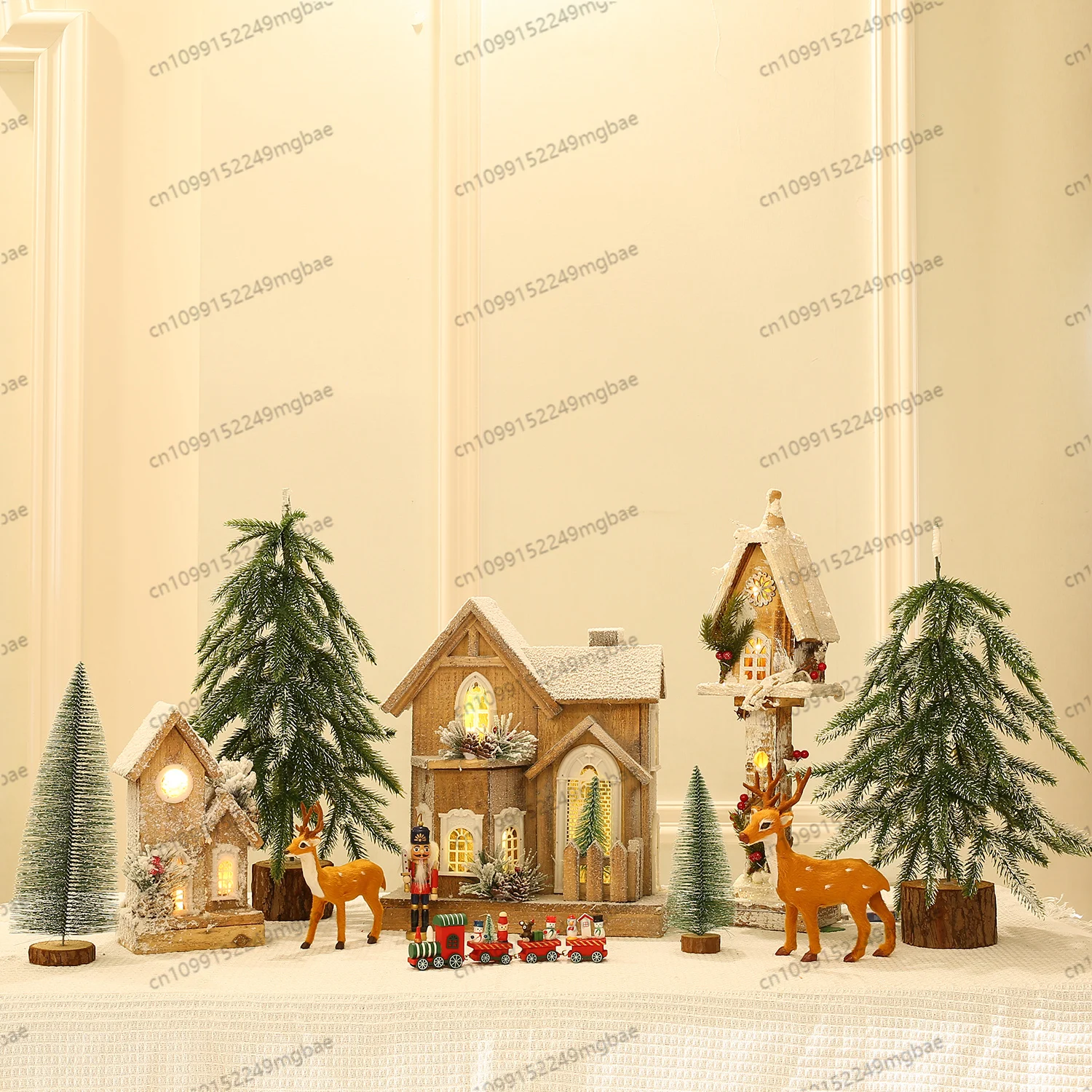 Christmas wood house PE Christmas tree window scene street lights train layout snow house scene set