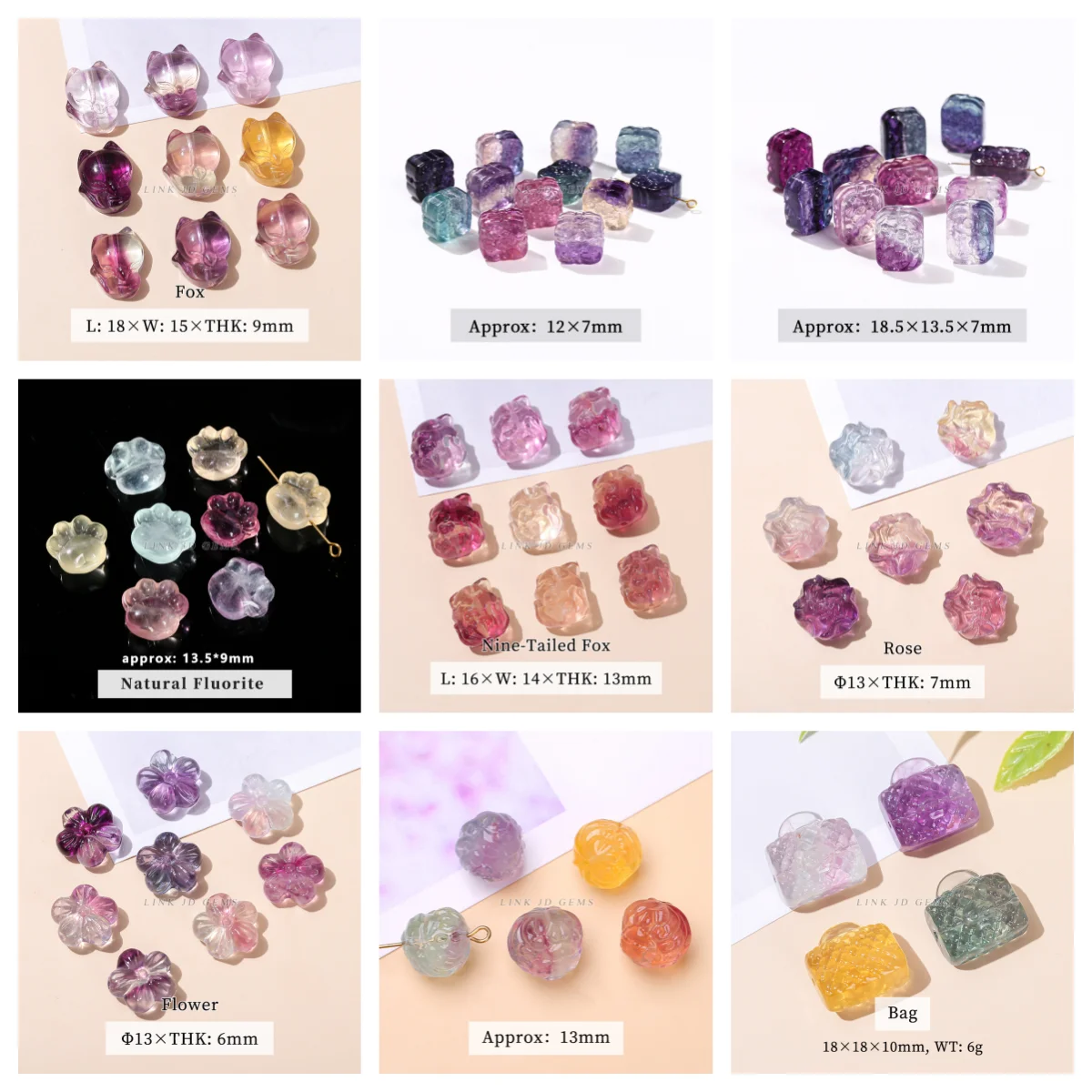 10Pcs/lot Natural Fluorite Crystal Carved Animals Shape Wealth Square Flower Lucky Pixiu Cute Bead With Hole For Jewelry Making