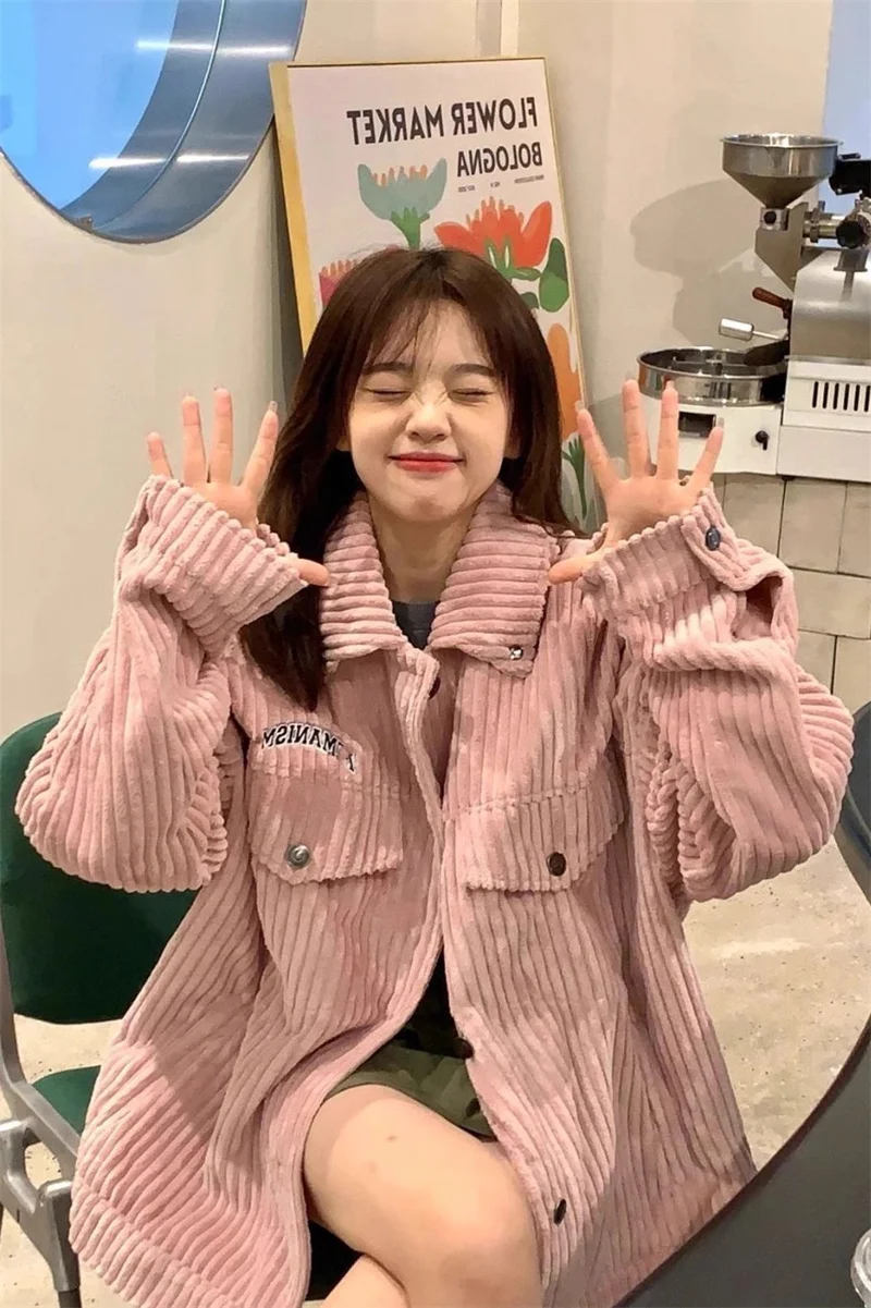 Women Outerwear 2024 Autumn Winter Pink Corduroy Outerwear Female Small Fragrant Style Loose Retro Workwear Baseball Coat Trend