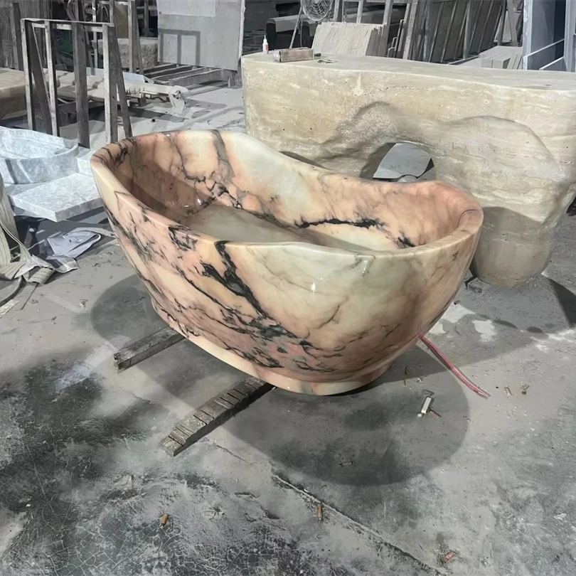Unique Pink And Black Textured Custom-sized Handmade Calacatta Rosenoir Marble Bathtub For High-end Bathroom Interiors