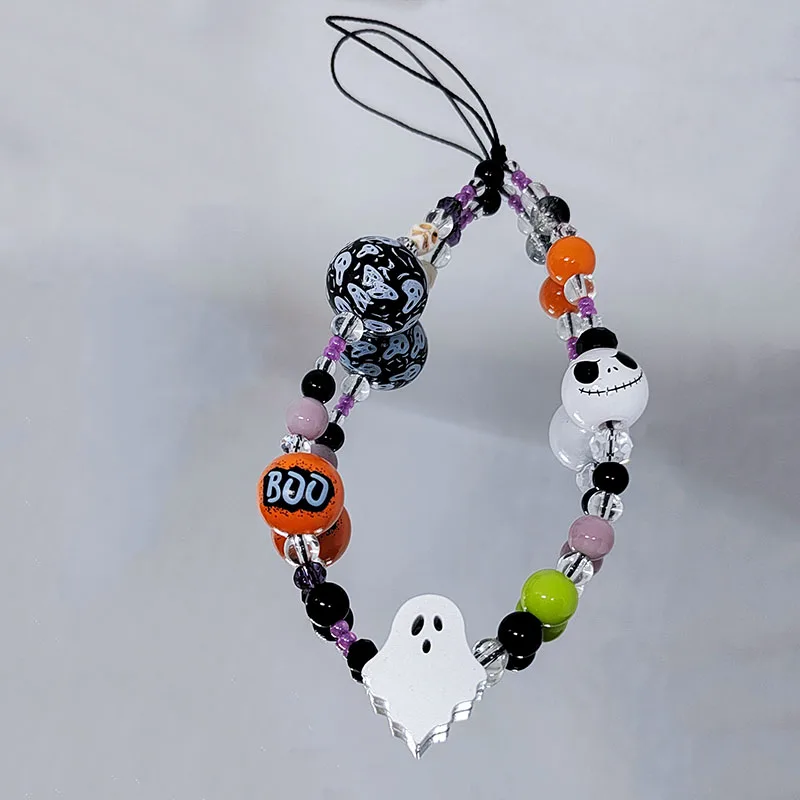 Corrente de Halloween para mulheres, Ghost Face Charm, cordão de celular, madeira laranja preta, jóias Boo Bead, pulseira chaveiro presentes