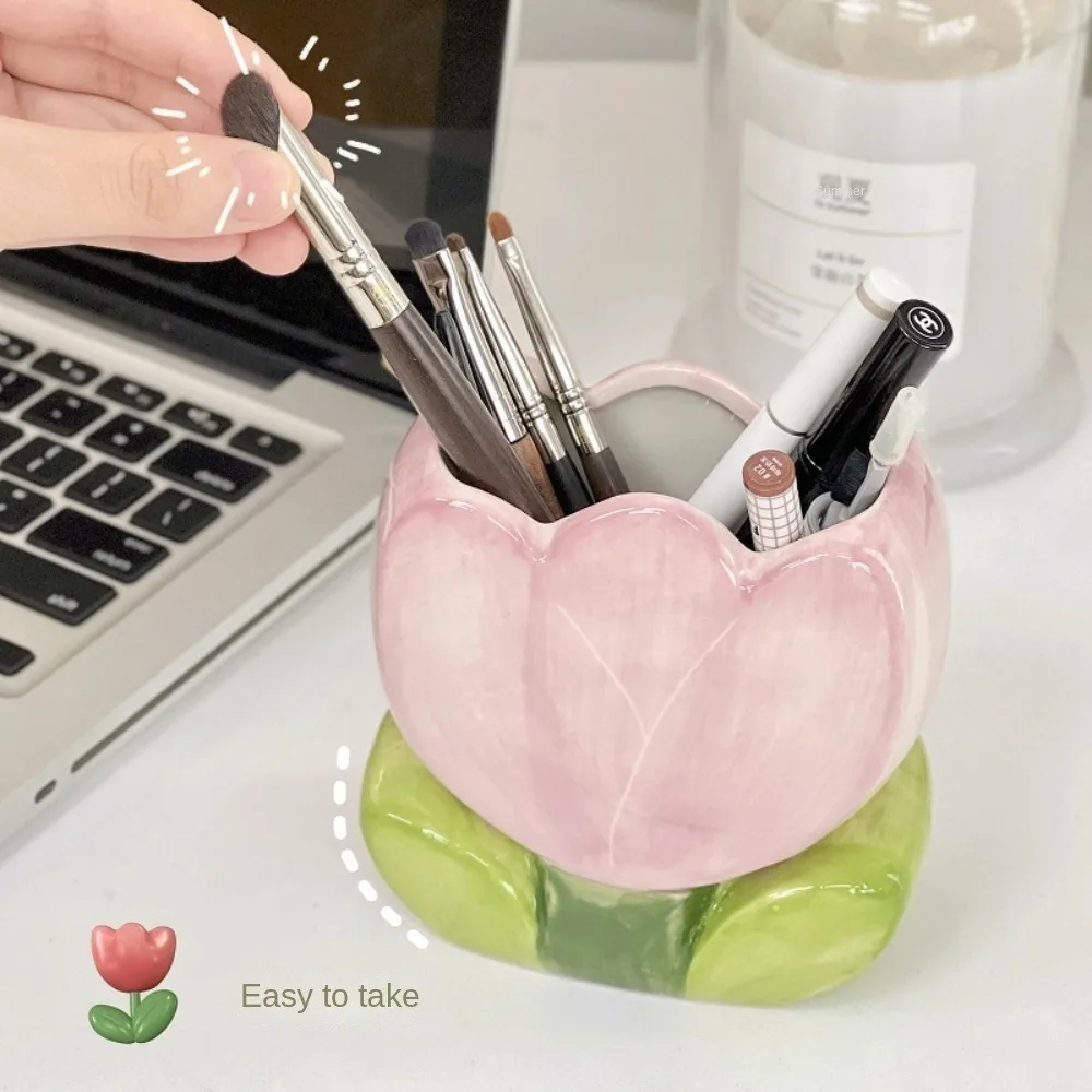 Ceramic Flower Makeup Brush Storage Bucket Tulip Flower Retro Flower Cute Flower Table Storage Pen Container Kawaii