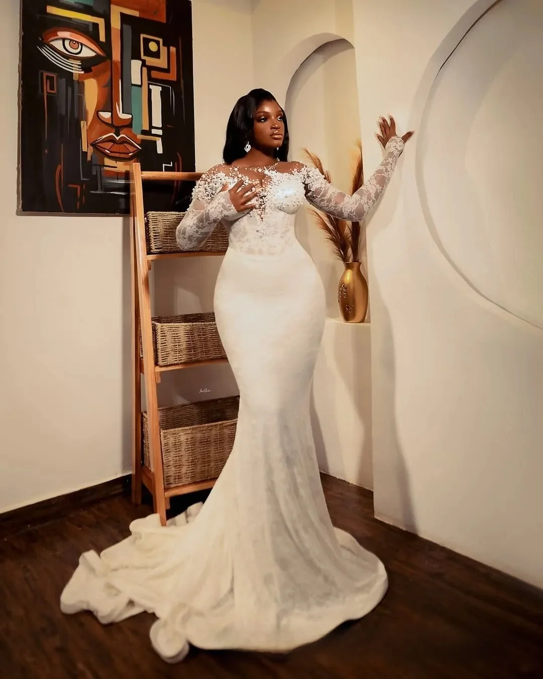 Abiti da sposa taglie forti personalizzati Abiti da sposa Sirena Illusion Maniche lunghe Perline Pizzo a strati Tulle Perle