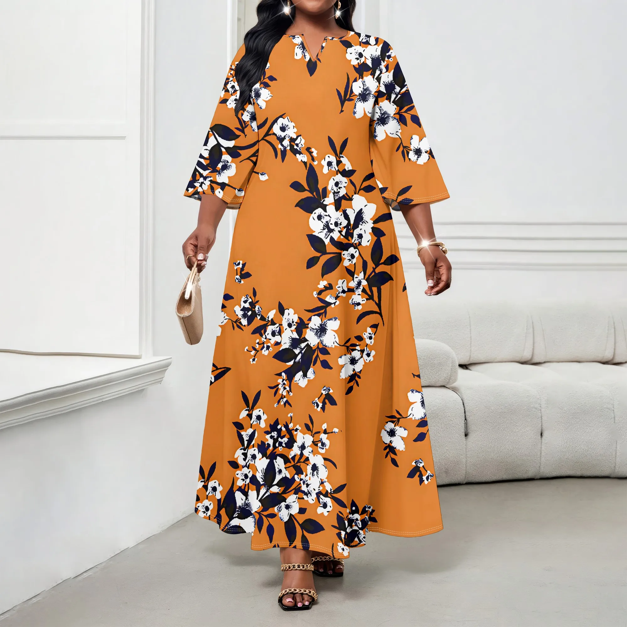 فستان نسائي متوسط الحجم بأكمام طويلة، رقبة على شكل حرف V صغيرة مطبوعة عصرية، فستان كاجوال منزلي #2