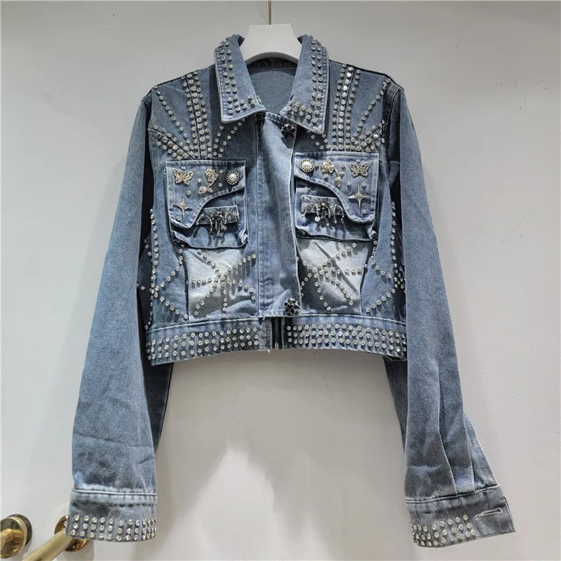 

2026 Spring New Fashion Beaded Decorative Denim Jacket for Women, Loose Slimming Versatile Short Long Sleeve Top