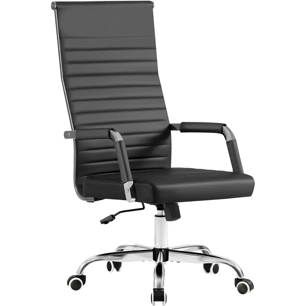 Silla de oficina giratoria de cuero PU con respaldo alto y brazos ajustables, color negro