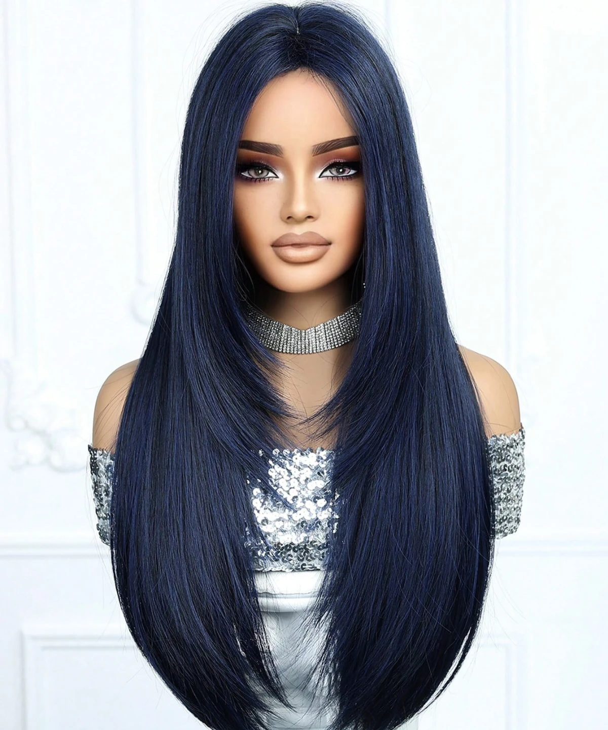 Dark Blue Wigs for Women Long Straight Hair Wig with Center Part Natural Wavy Synthetic Wig Heat Resistant Hair for Daily Party